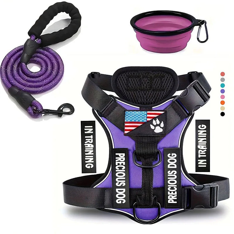 Service Dog Harness & Leash Set with 1pc Folding Bowl Reflective Adjustable Dog Vest Harness Soft Oxford Pet Harness For Small M
