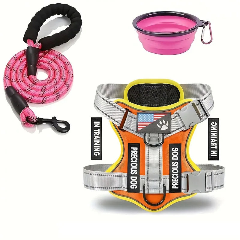 Service Dog Harness & Leash Set with 1pc Folding Bowl Reflective Adjustable Dog Vest Harness Soft Oxford Pet Harness For Small M