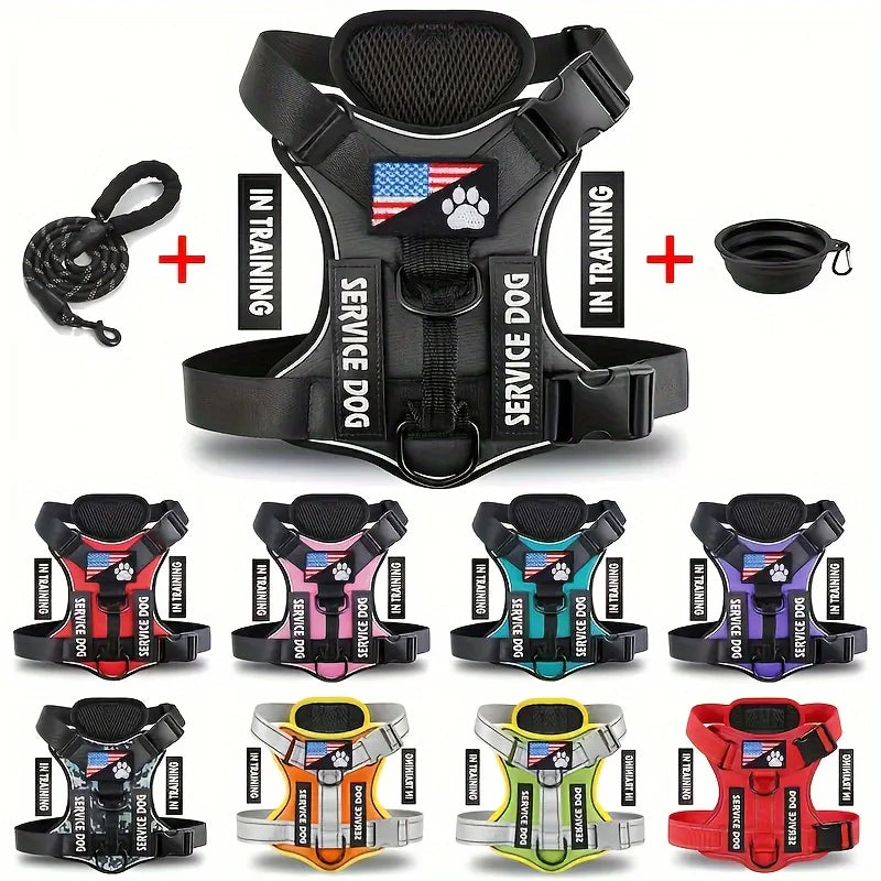 Service Dog Harness & Leash Set with 1pc Folding Bowl Reflective Adjustable Dog Vest Harness Soft Oxford Pet Harness For Small M