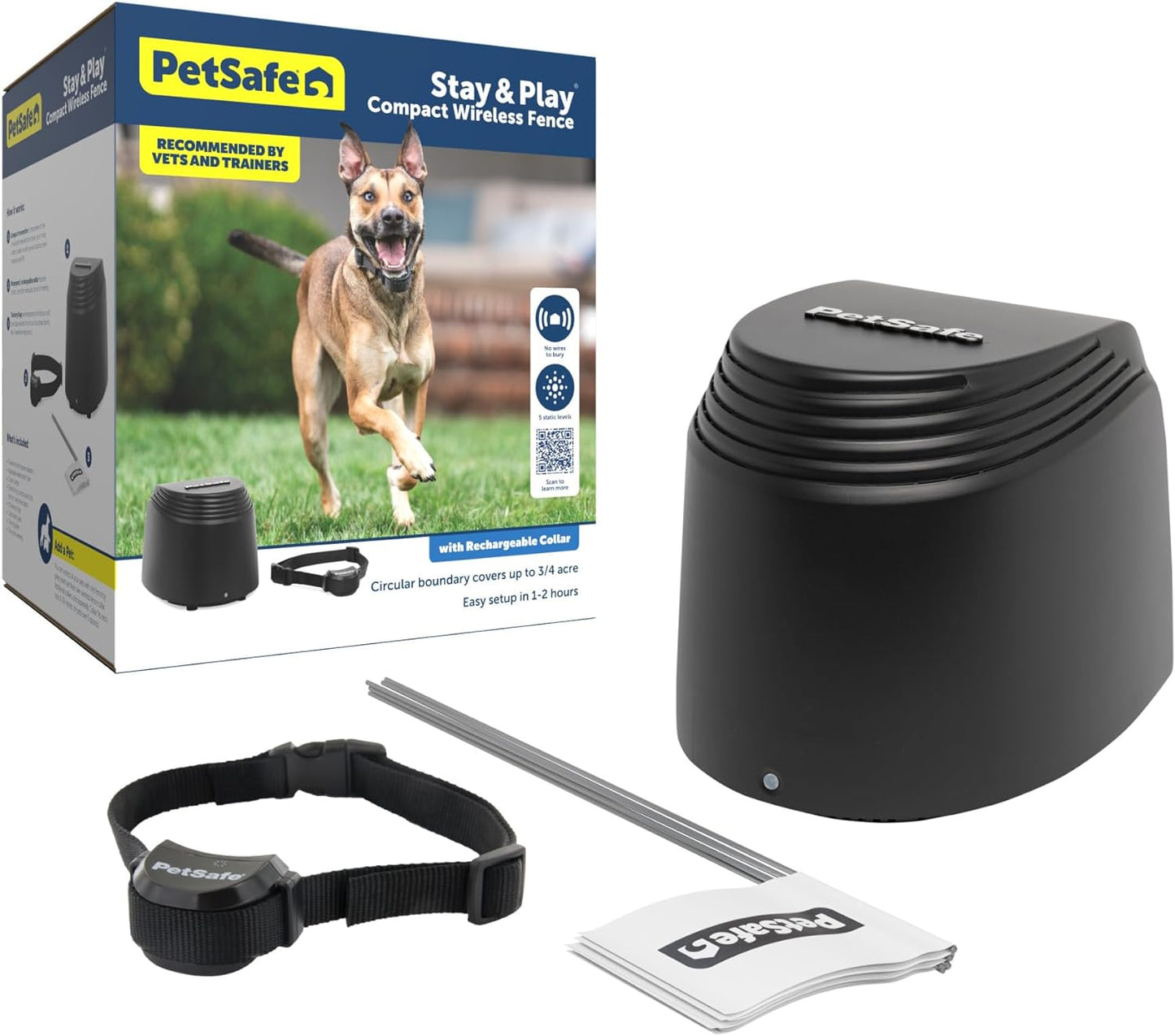 Stay & Play Portable Wireless Dog Fence - Easy No-Wire Boundary Solution for Dogs 5lbs & Up, Covers up to 3/4 Acre, Perfect for Travel!