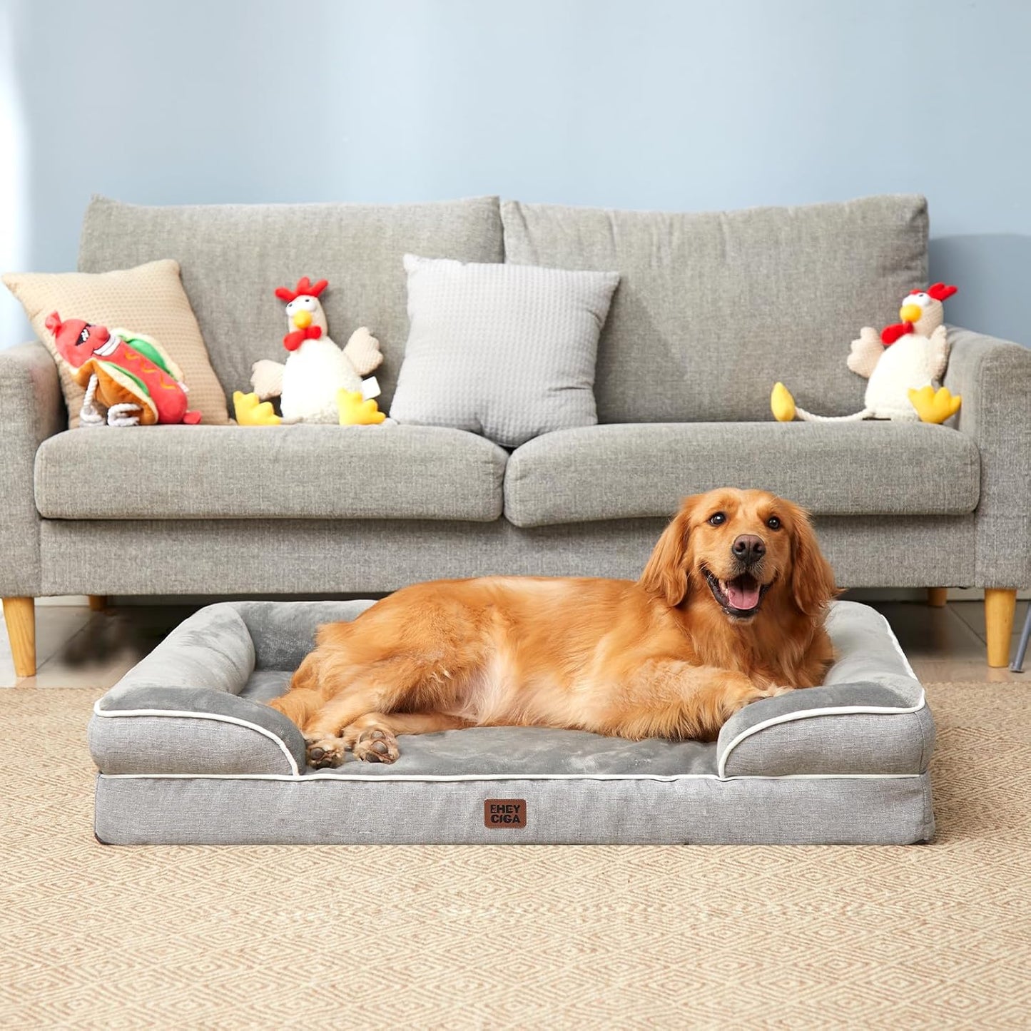 Extra Large Orthopedic Dog Bed - 44x32 Inch Waterproof Memory Foam Couch with Non-Slip Egg-Crate Foam & Washable Cover - Perfect for Big Dogs - Grey