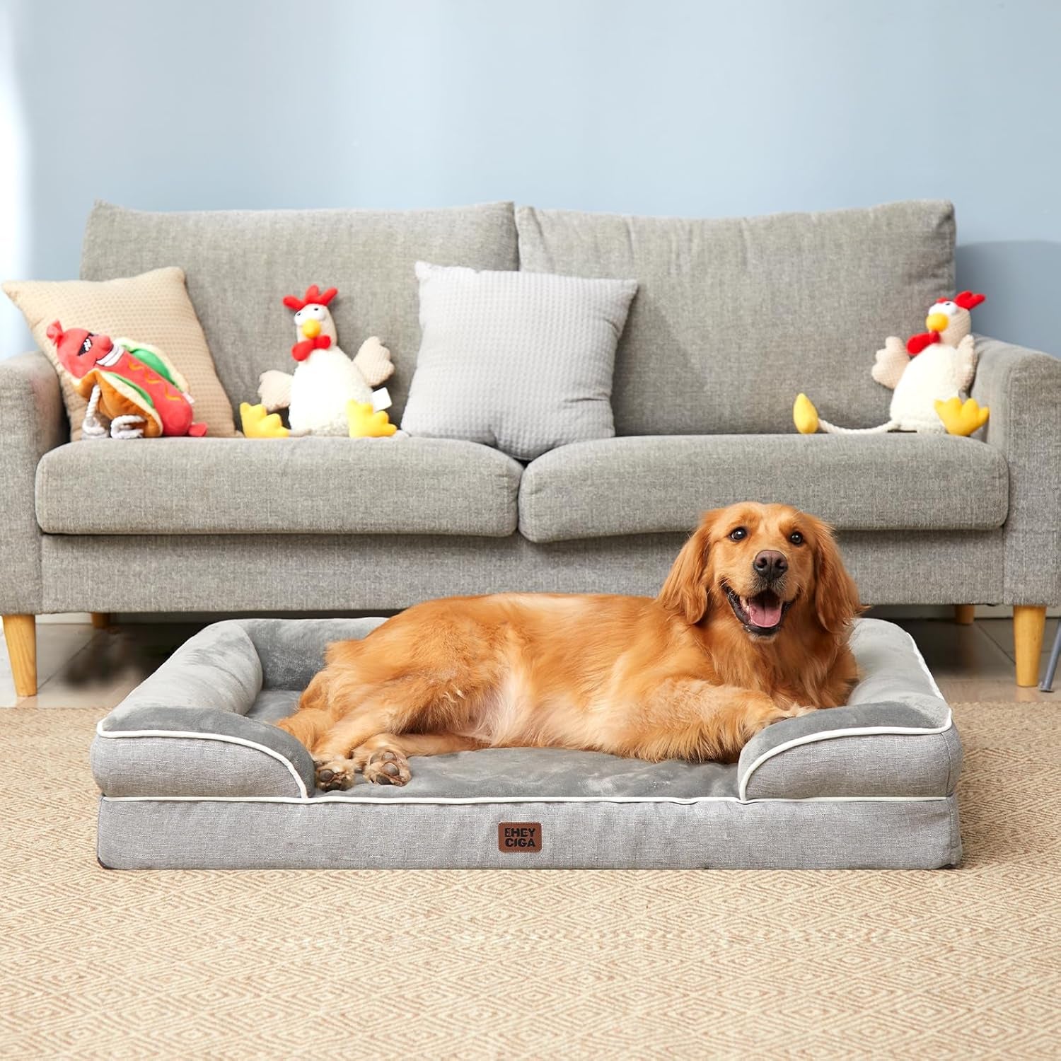 Extra Large Orthopedic Dog Bed - 44x32 Inch Waterproof Memory Foam Couch with Non-Slip Egg-Crate Foam & Washable Cover - Perfect for Big Dogs - Grey