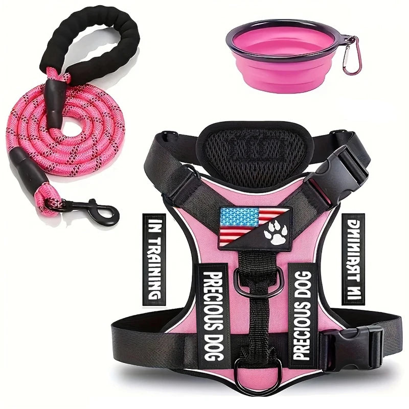 Service Dog Harness & Leash Set with 1pc Folding Bowl Reflective Adjustable Dog Vest Harness Soft Oxford Pet Harness For Small M