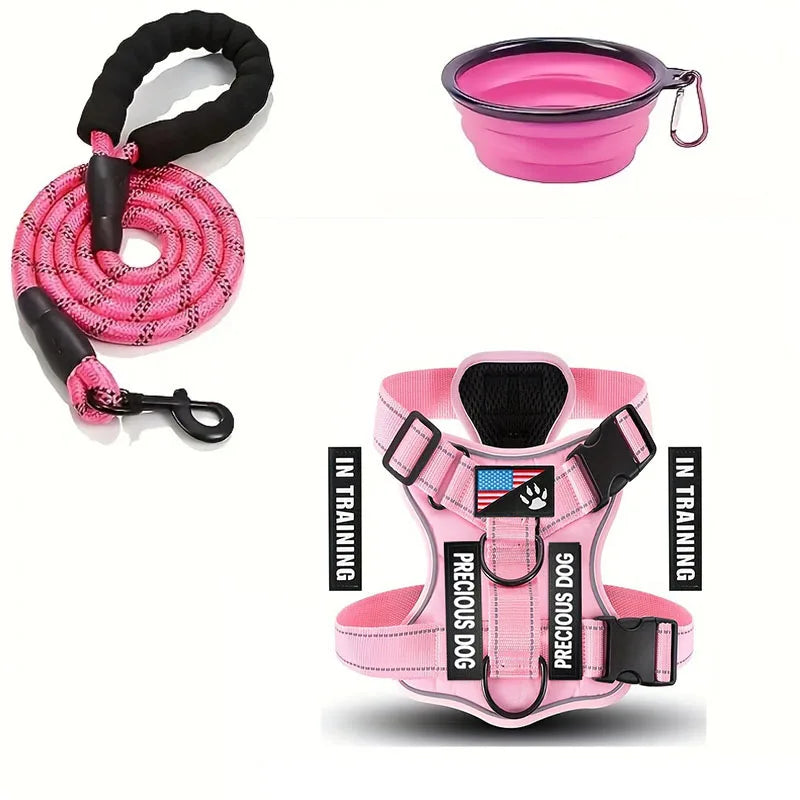 Service Dog Harness & Leash Set with 1pc Folding Bowl Reflective Adjustable Dog Vest Harness Soft Oxford Pet Harness For Small M