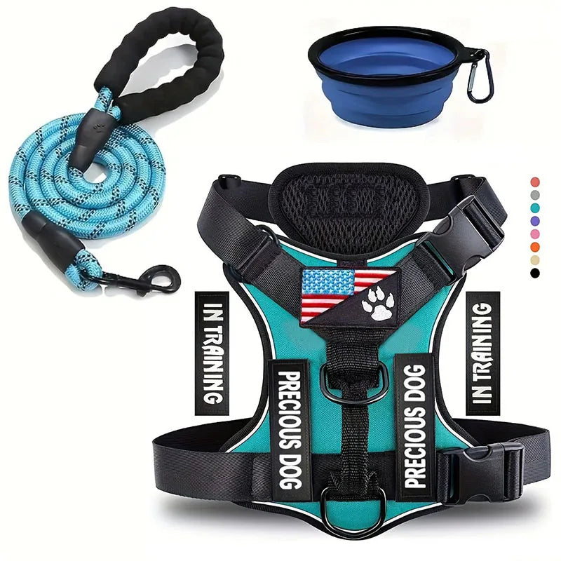 Service Dog Harness & Leash Set with 1pc Folding Bowl Reflective Adjustable Dog Vest Harness Soft Oxford Pet Harness For Small M