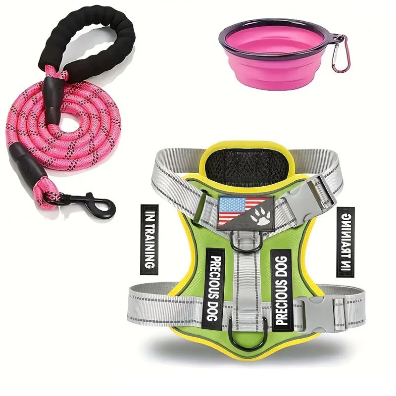 Service Dog Harness & Leash Set with 1pc Folding Bowl Reflective Adjustable Dog Vest Harness Soft Oxford Pet Harness For Small M