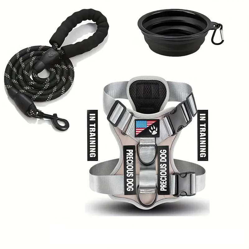 Service Dog Harness & Leash Set with 1pc Folding Bowl Reflective Adjustable Dog Vest Harness Soft Oxford Pet Harness For Small M