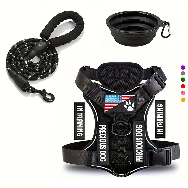 Service Dog Harness & Leash Set with 1pc Folding Bowl Reflective Adjustable Dog Vest Harness Soft Oxford Pet Harness For Small M