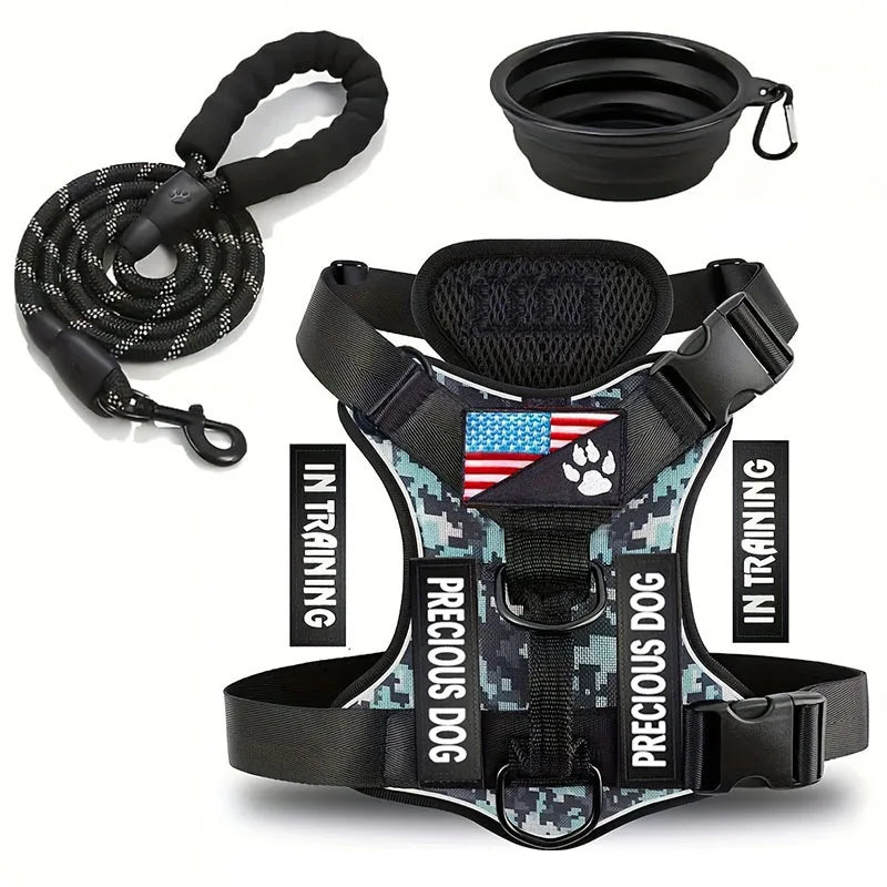 Service Dog Harness & Leash Set with 1pc Folding Bowl Reflective Adjustable Dog Vest Harness Soft Oxford Pet Harness For Small M