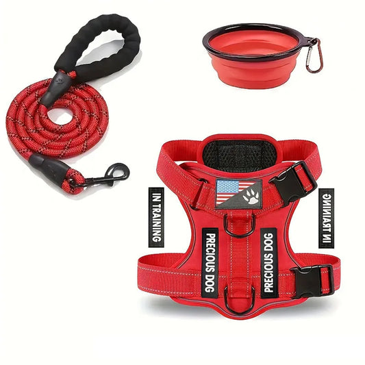 Service Dog Harness & Leash Set with 1pc Folding Bowl Reflective Adjustable Dog Vest Harness Soft Oxford Pet Harness For Small M