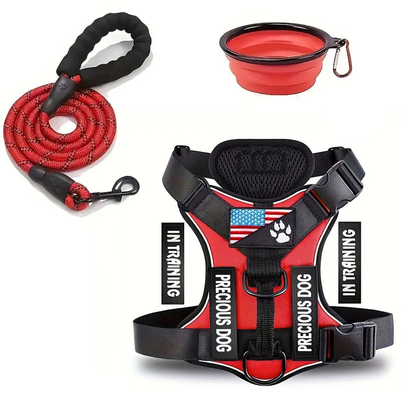 Service Dog Harness & Leash Set with 1pc Folding Bowl Reflective Adjustable Dog Vest Harness Soft Oxford Pet Harness For Small M